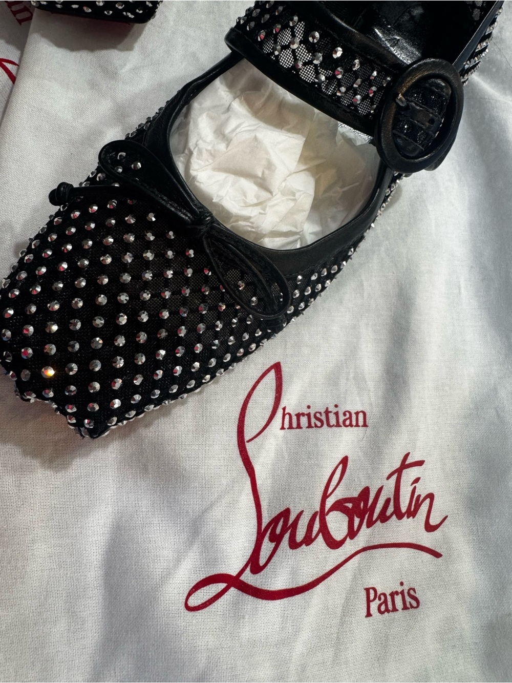 Christian Louboutin Black Embellished Mesh Mary‑Jane Ballet Flats  Size 39 - Picture 4 of 10